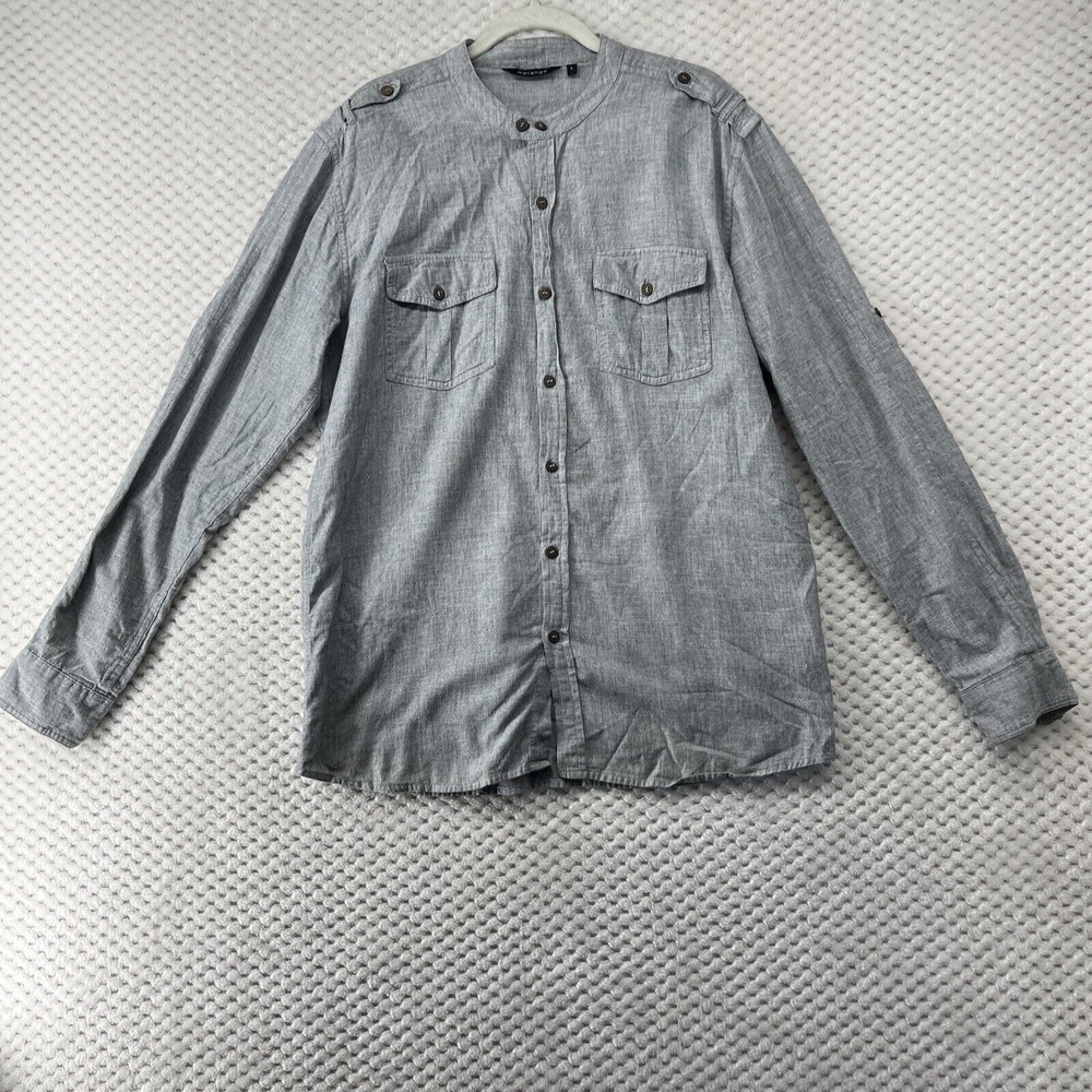 Melange Gray Cotton Button Down Shirt Long Sleeve Blade‎ Military Style Mens M